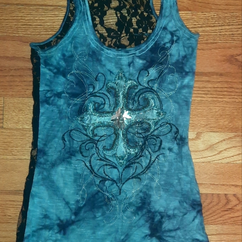 MISS ME TANK! BEADED AND EMBELLISHED DESIGN ! SEE -THRU LACE BLACK!